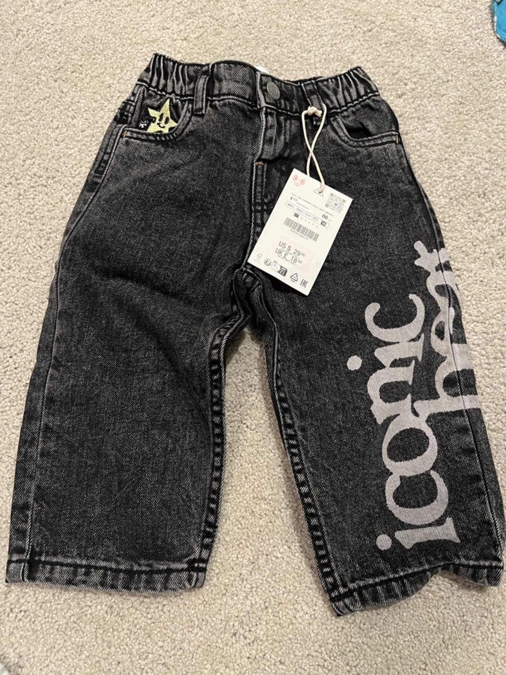 Zara Kids 1.5Y 18M baggy  Black Acid-Wash Logo Jeans new nwt